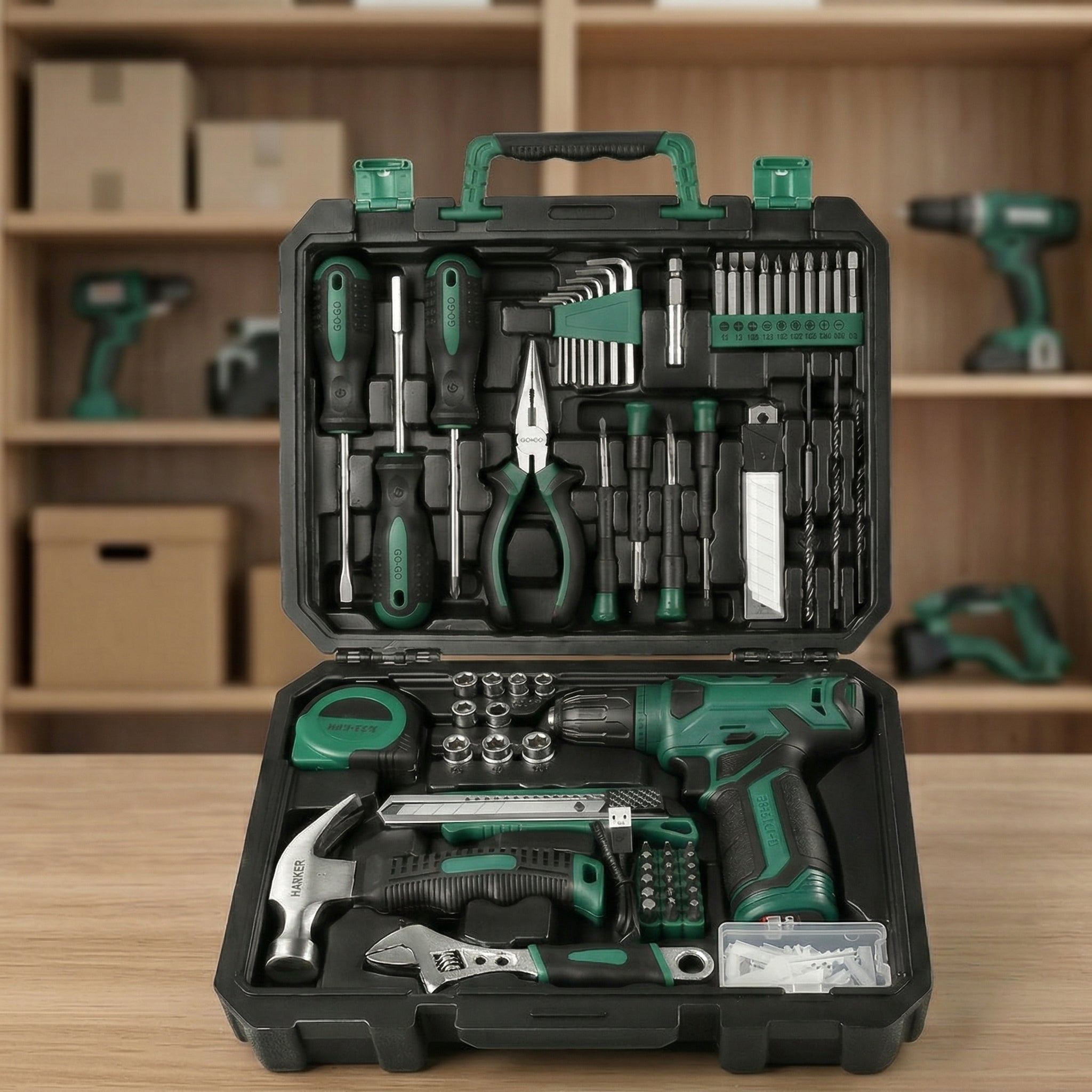 Cordless Drill and Household Tool Kit with Carry Case
