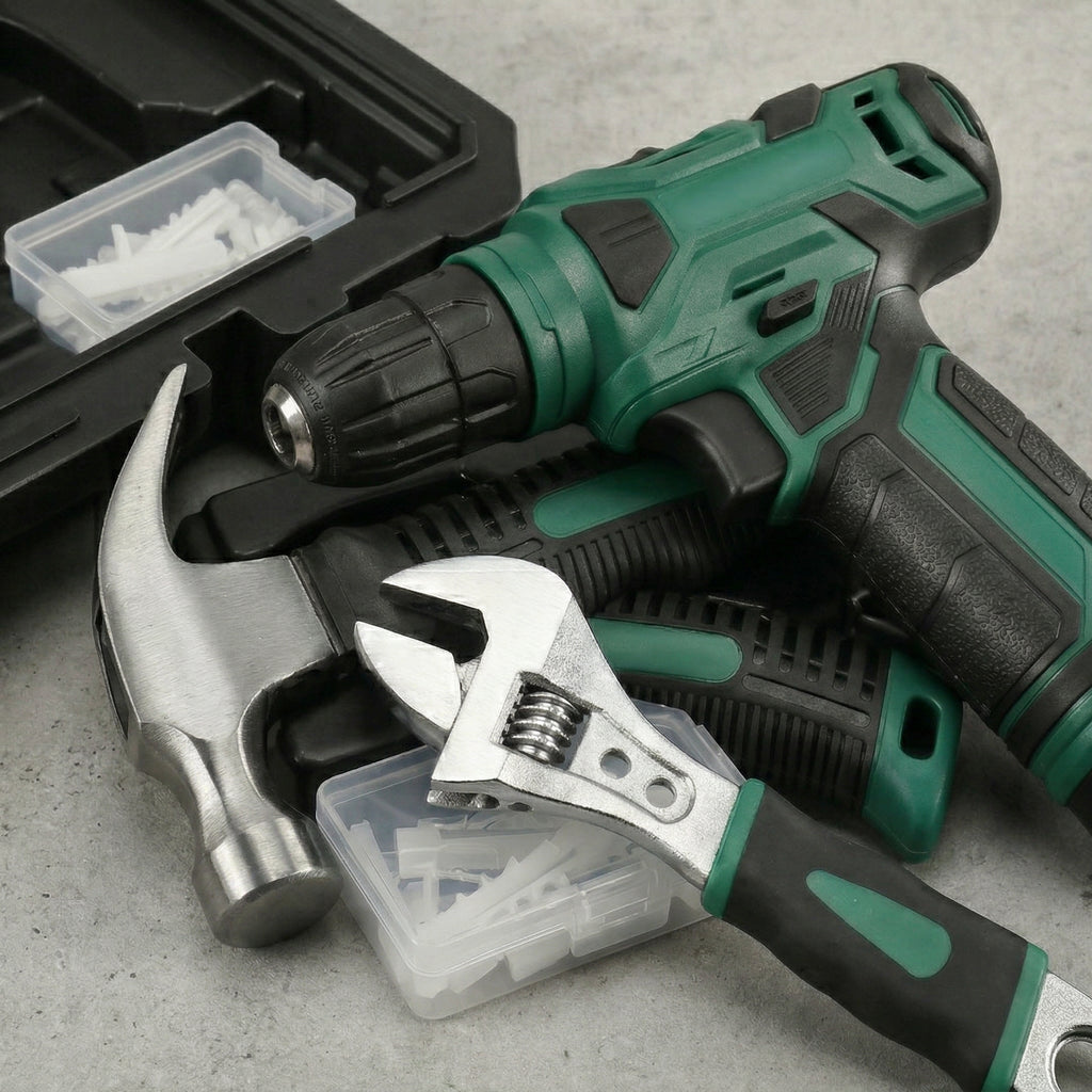 Cordless Drill and Household Tool Kit with Carry Case